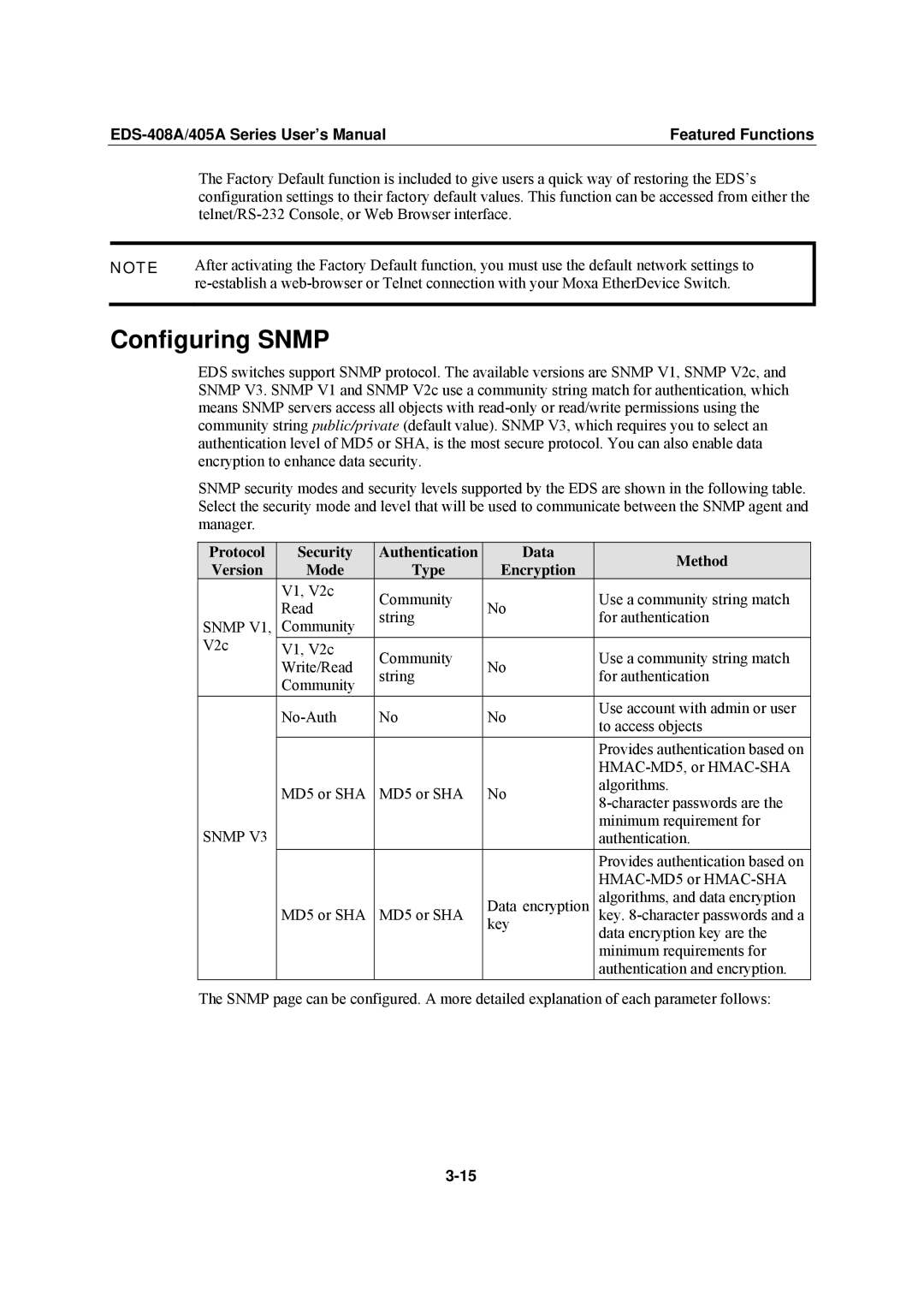 Moxa Technologies EDS-408A, EDS-405A user manual Configuring Snmp 