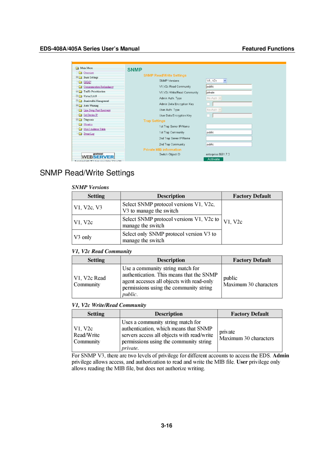 Moxa Technologies EDS-405A Snmp Read/Write Settings, Snmp Versions, V1, V2c Read Community, V1, V2c Write/Read Community 