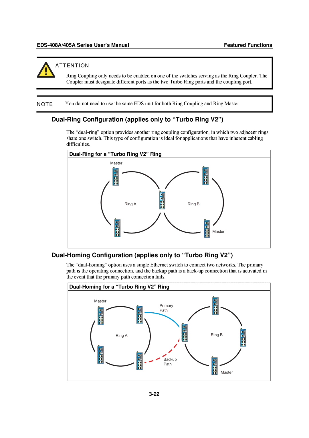 Moxa Technologies EDS-405A, EDS-408A user manual Dual-Ring Configuration applies only to Turbo Ring 