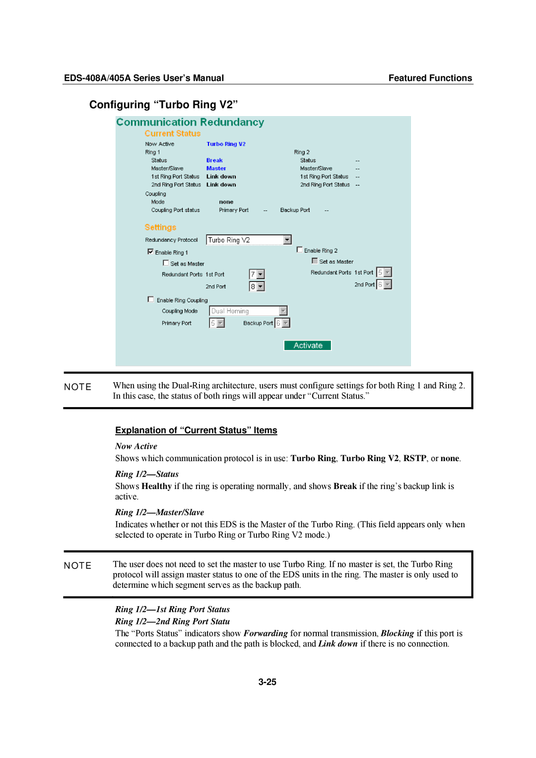 Moxa Technologies EDS-408A, EDS-405A user manual Ring 1/2-Status, Ring 1/2-Master/Slave, Ring 1/2-1st Ring Port Status 