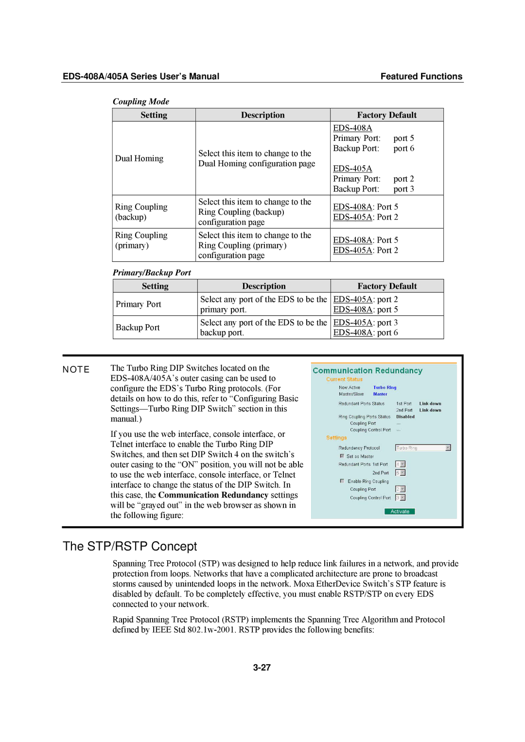 Moxa Technologies EDS-408A, EDS-405A user manual STP/RSTP Concept, Coupling Mode, Primary/Backup Port 