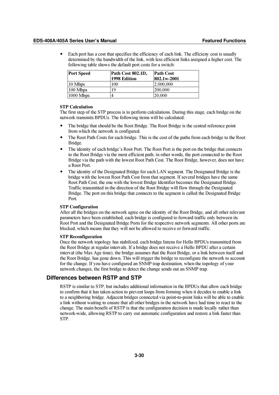 Moxa Technologies EDS-405A Differences between Rstp and STP, Port Speed Path Cost 802.1D Edition, STP Configuration 