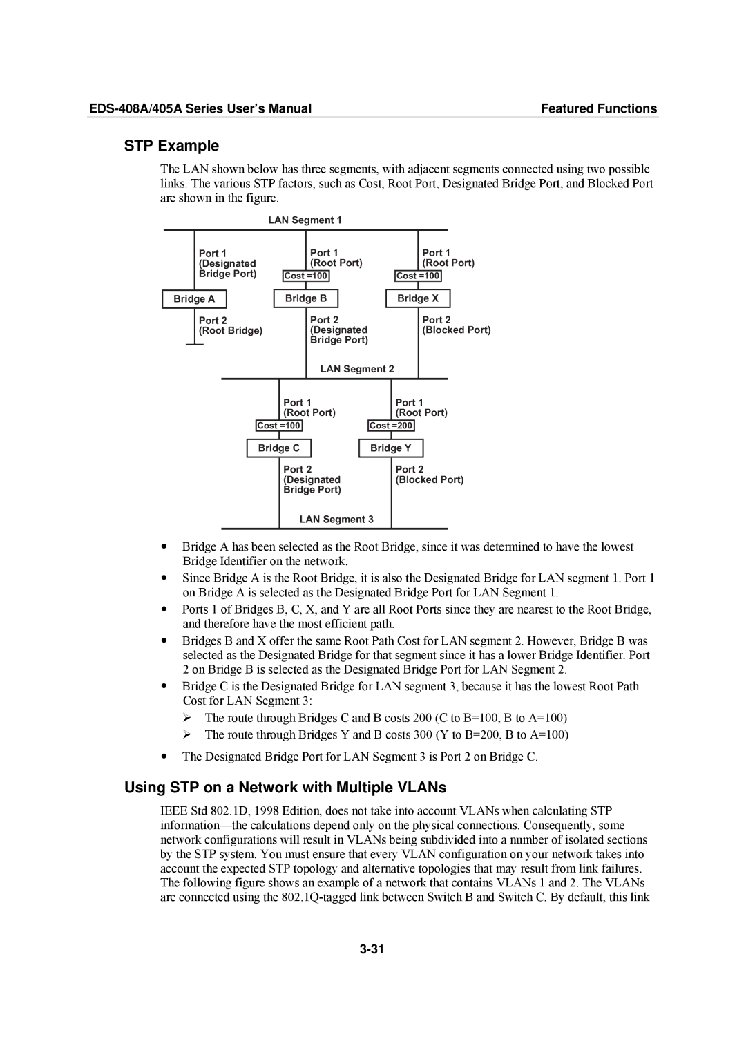 Moxa Technologies EDS-408A, EDS-405A user manual STP Example, Using STP on a Network with Multiple VLANs 