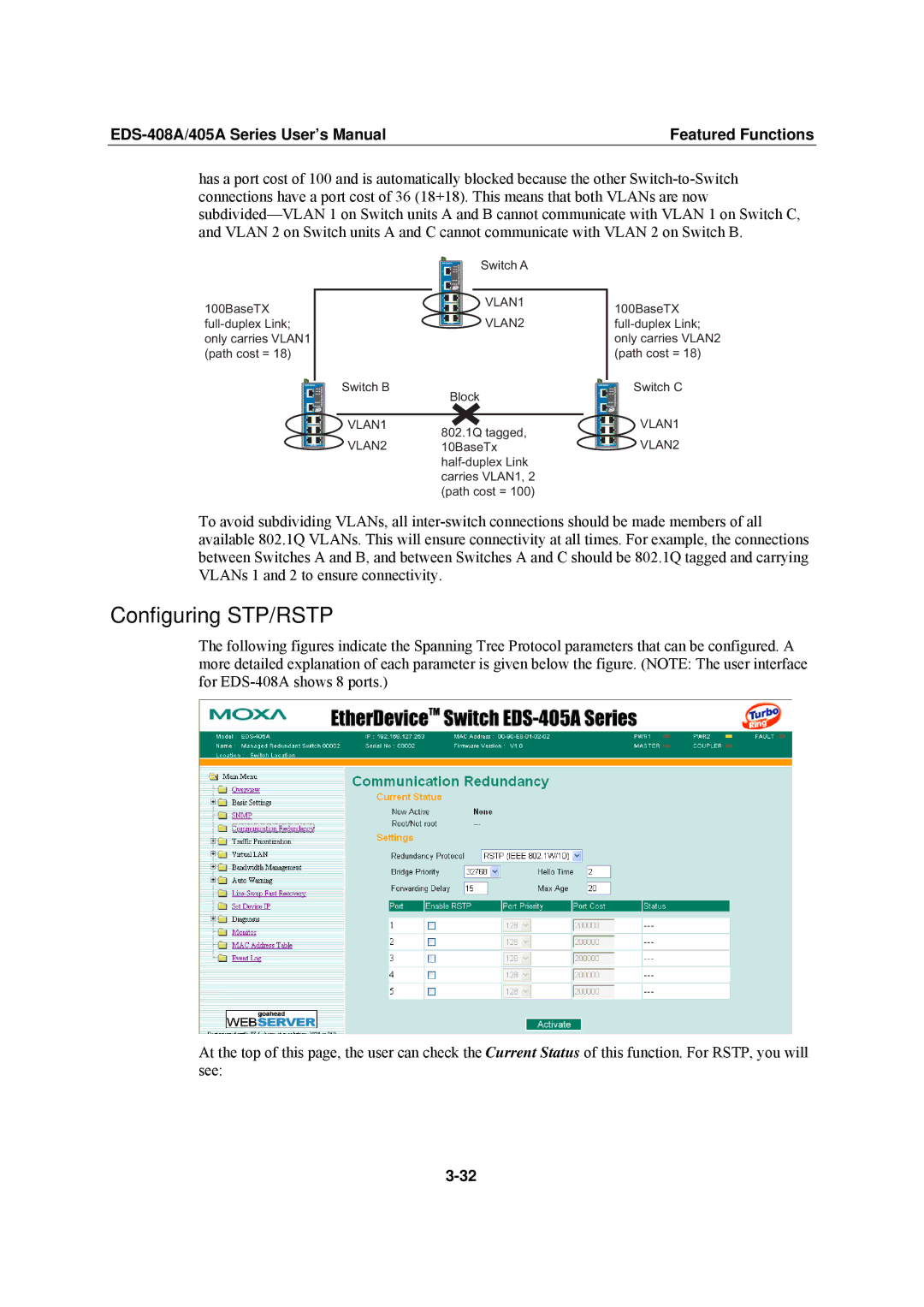 Moxa Technologies EDS-405A, EDS-408A user manual Configuring STP/RSTP, VLAN1 