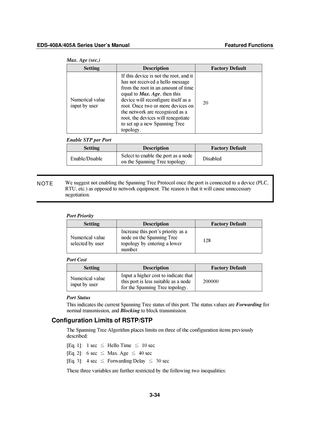 Moxa Technologies EDS-405A, EDS-408A user manual Configuration Limits of RSTP/STP 