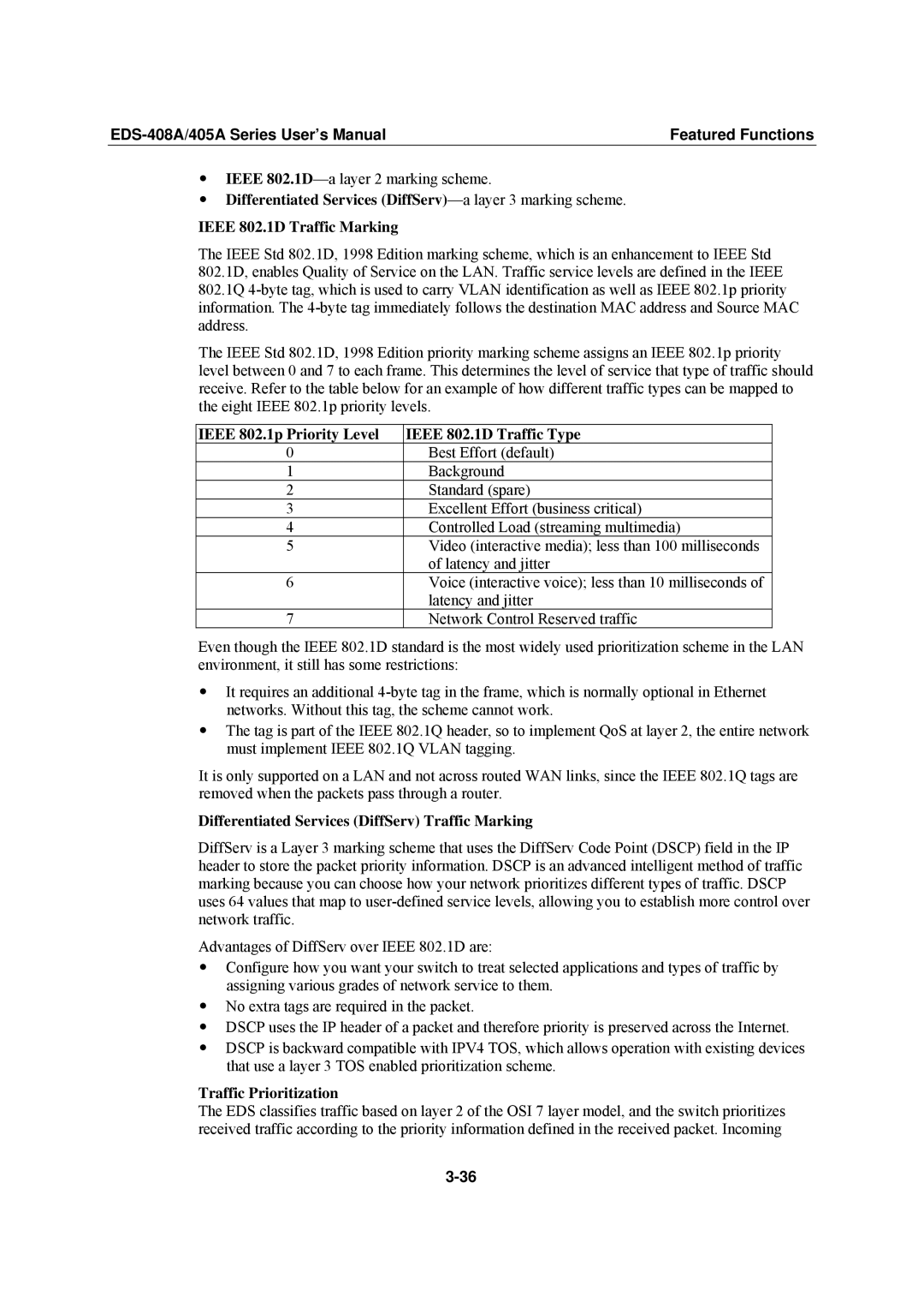 Moxa Technologies EDS-405A, EDS-408A user manual Ieee 802.1p Priority Level Ieee 802.1D Traffic Type, Traffic Prioritization 