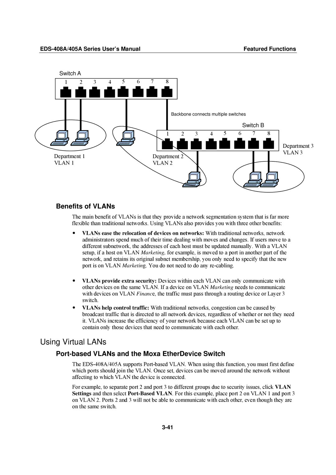 Moxa Technologies EDS-408A Using Virtual LANs, Benefits of VLANs, Port-based VLANs and the Moxa EtherDevice Switch 