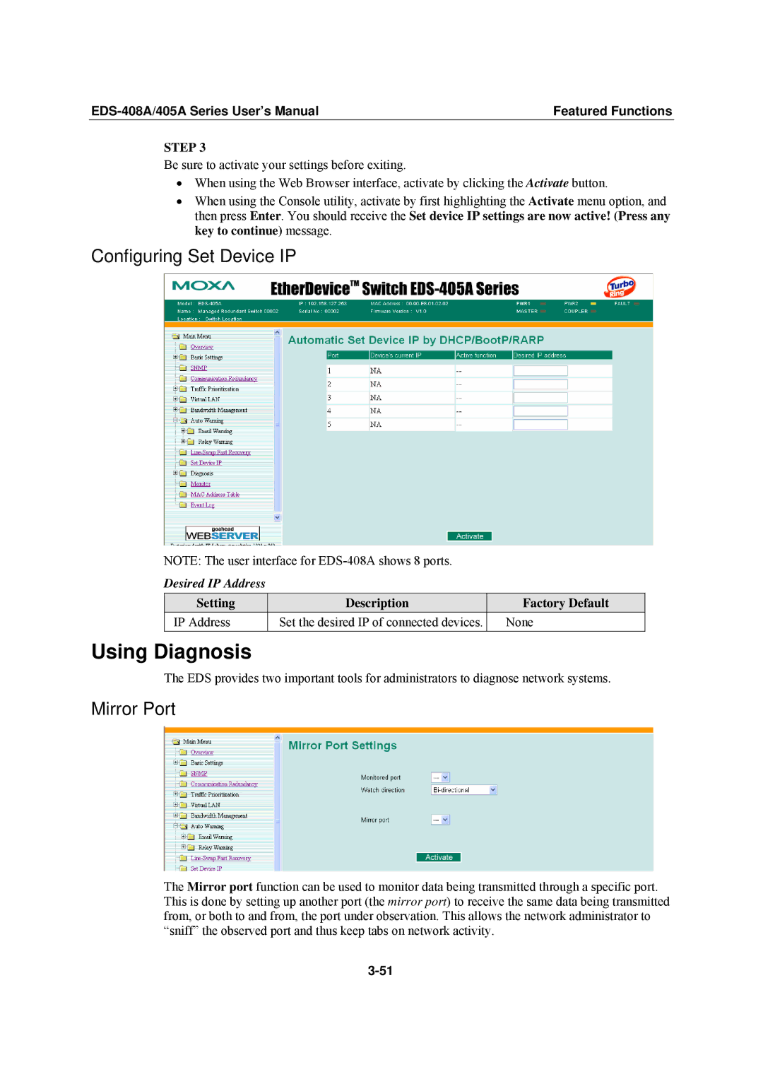 Moxa Technologies EDS-408A, EDS-405A user manual Using Diagnosis, Configuring Set Device IP, Mirror Port, Desired IP Address 