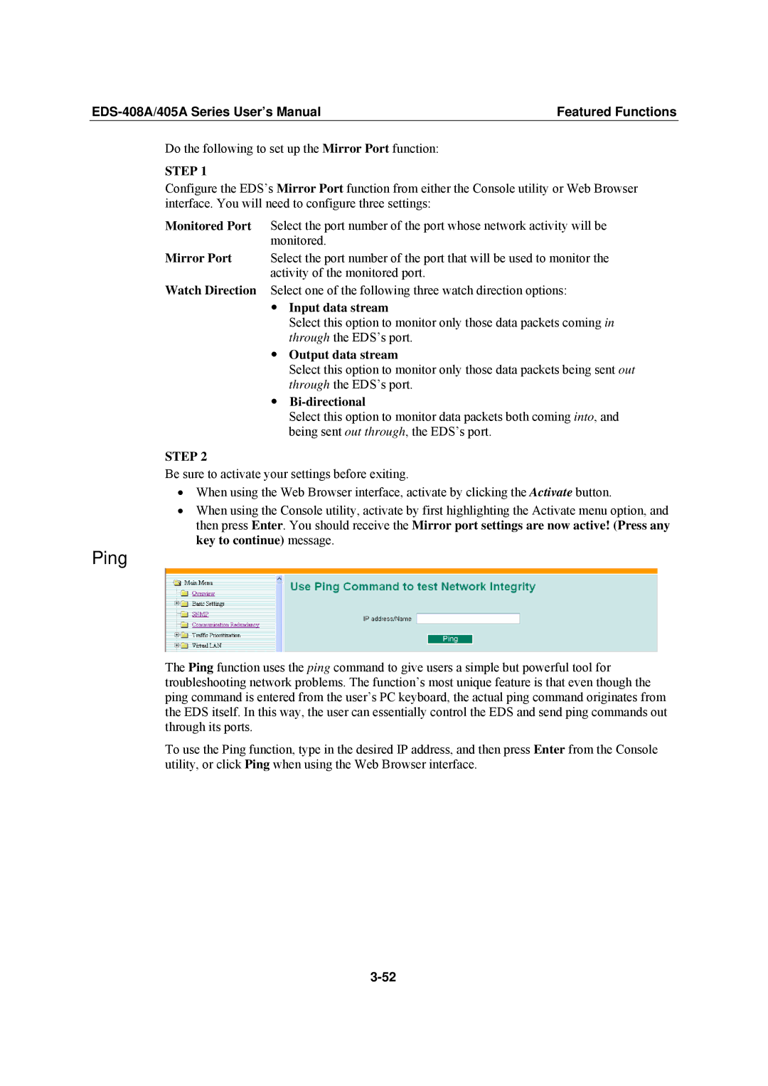 Moxa Technologies EDS-405A, EDS-408A user manual Ping, Input data stream, Output data stream, Bi-directional 