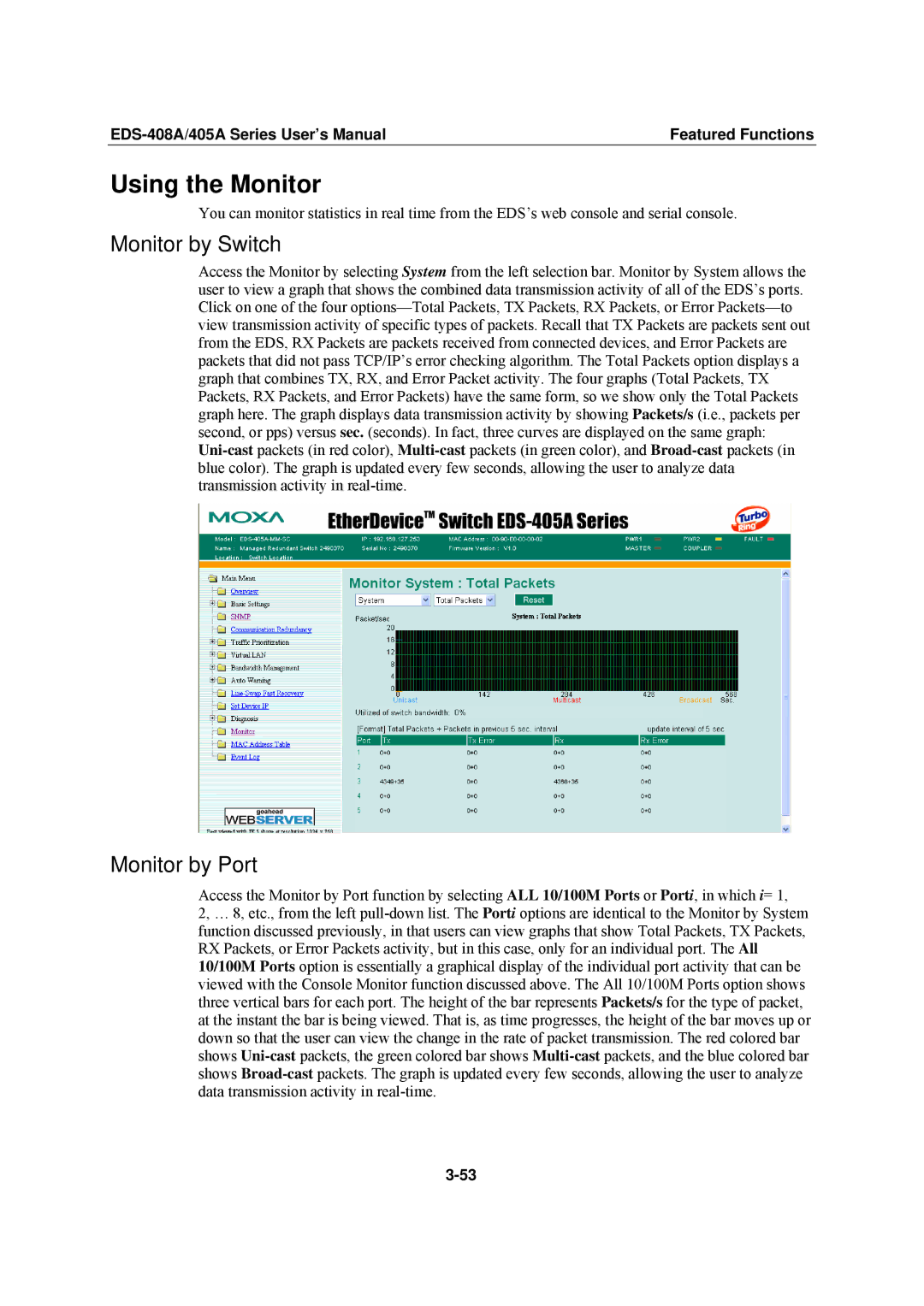 Moxa Technologies EDS-408A, EDS-405A user manual Using the Monitor, Monitor by Switch, Monitor by Port 