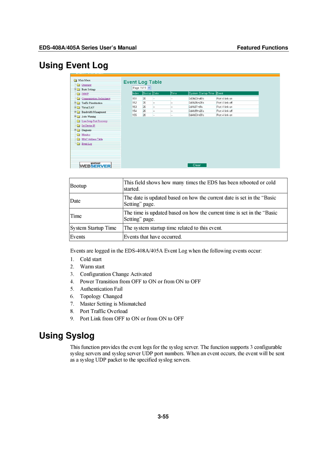 Moxa Technologies EDS-408A, EDS-405A user manual Using Event Log, Using Syslog 