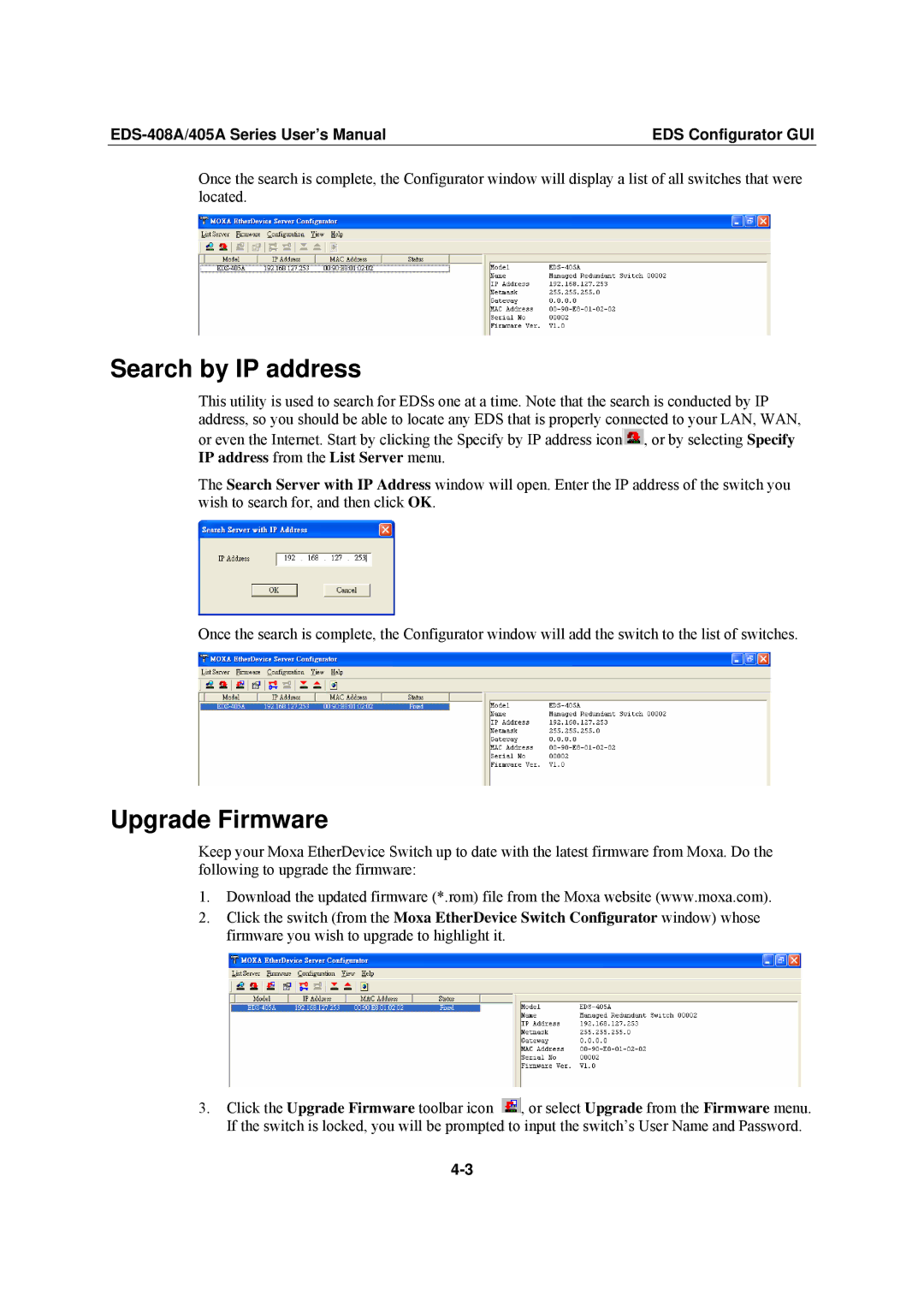 Moxa Technologies EDS-408A, EDS-405A user manual Search by IP address, Upgrade Firmware 