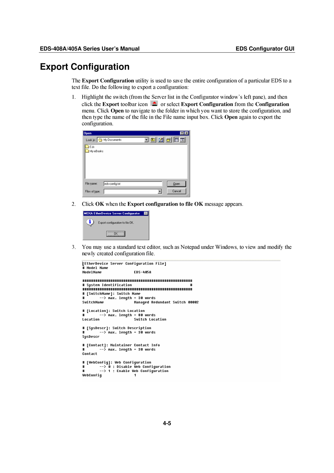 Moxa Technologies EDS-408A, EDS-405A user manual Export Configuration 