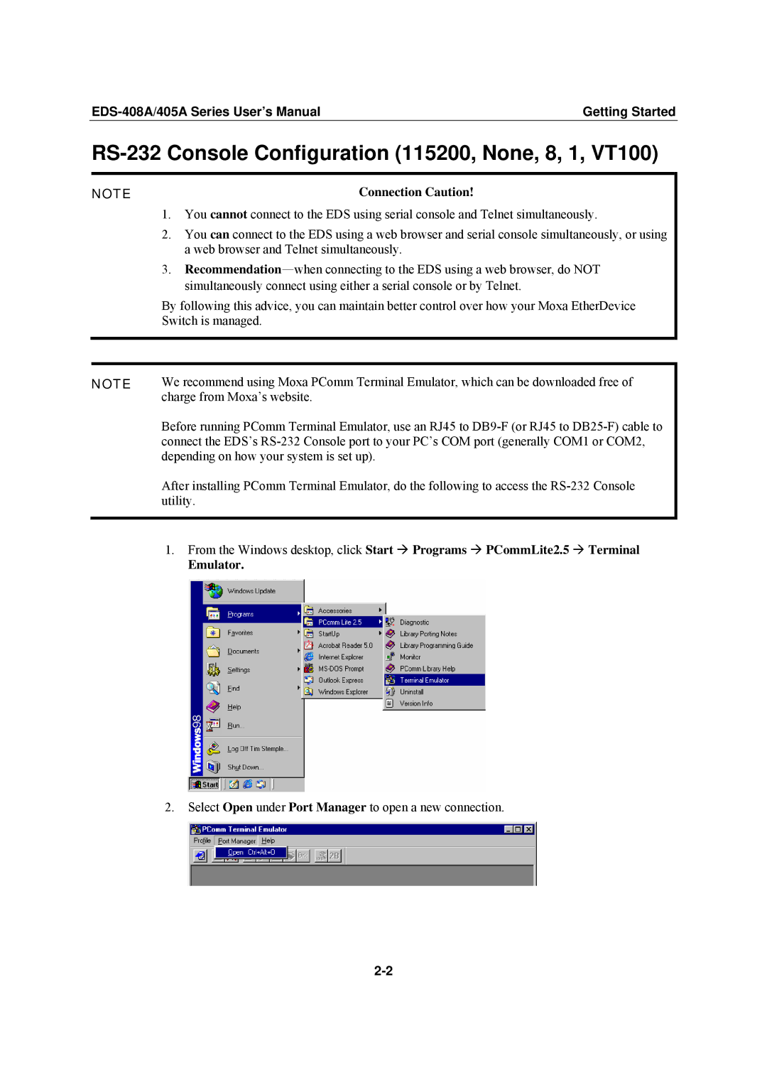 Moxa Technologies EDS-405A, EDS-408A user manual RS-232 Console Configuration 115200, None, 8, 1, VT100, Connection Caution 