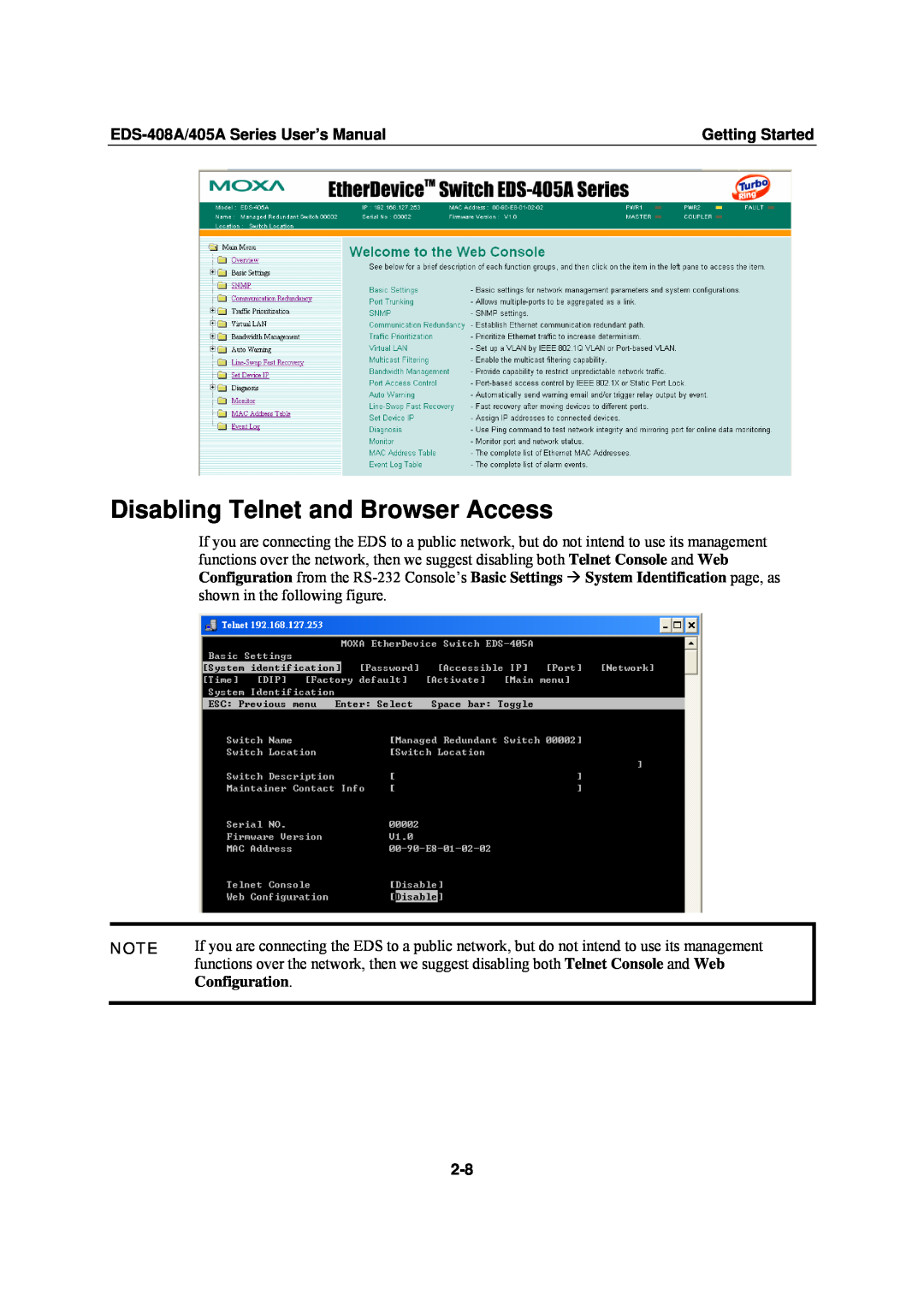 Moxa Technologies EDS-405A Disabling Telnet and Browser Access, Configuration, EDS-408A/405A Series User’s Manual 