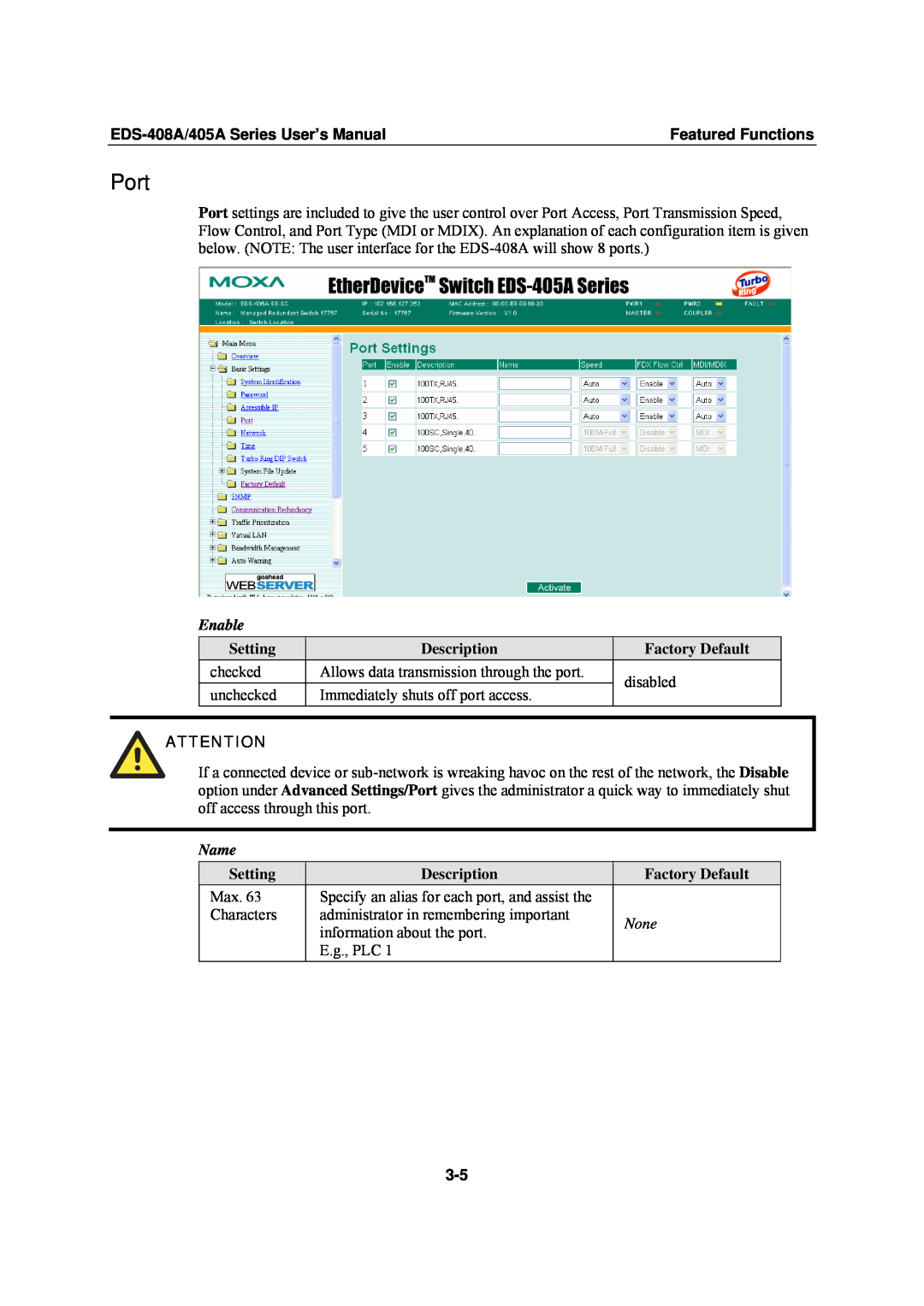 Moxa Technologies Port, Enable, Name, EDS-408A/405A Series User’s Manual, Featured Functions, Setting, Description 