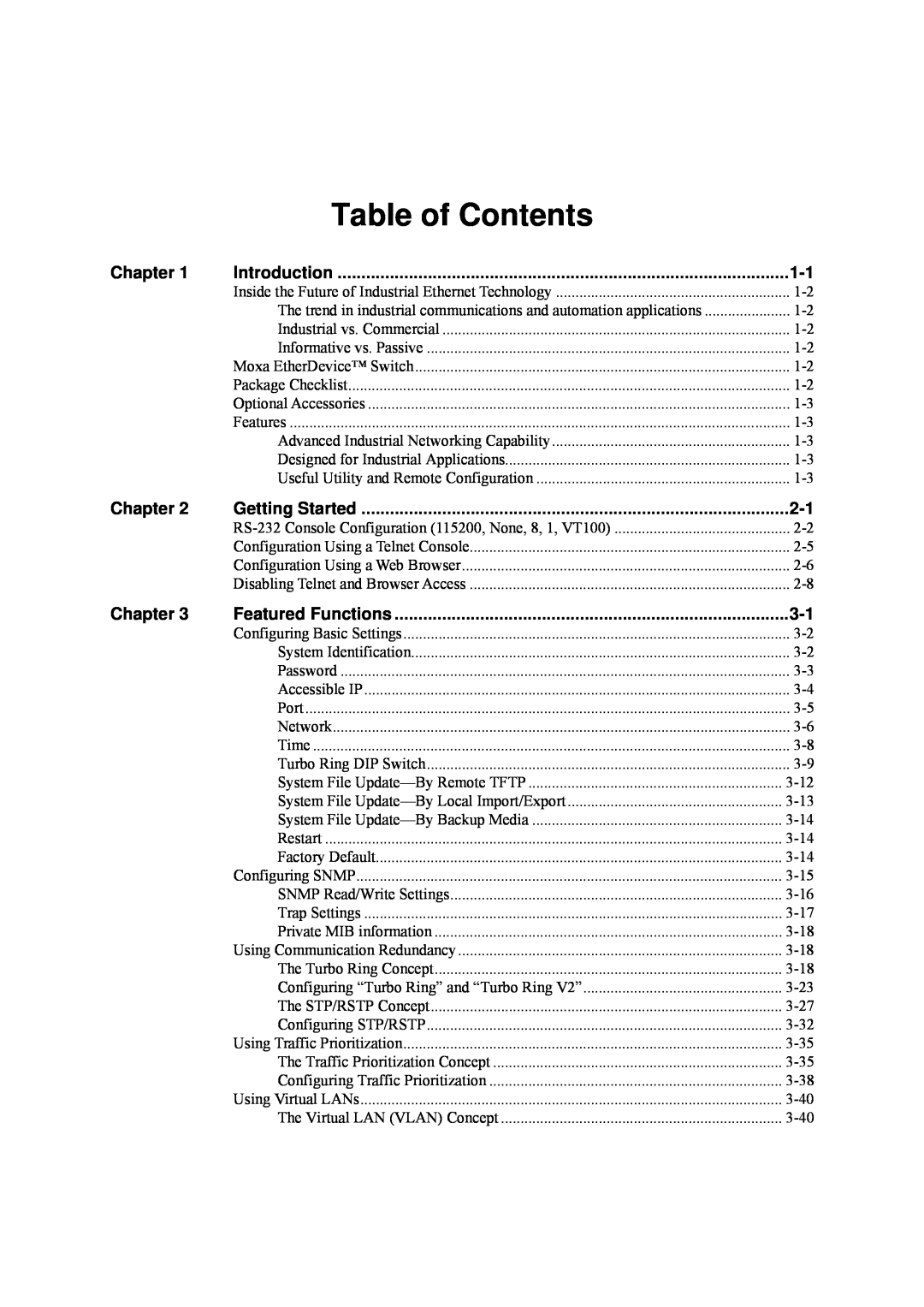 Moxa Technologies EDS-405A, EDS-408A Table of Contents, Chapter, Introduction, Getting Started, Featured Functions 