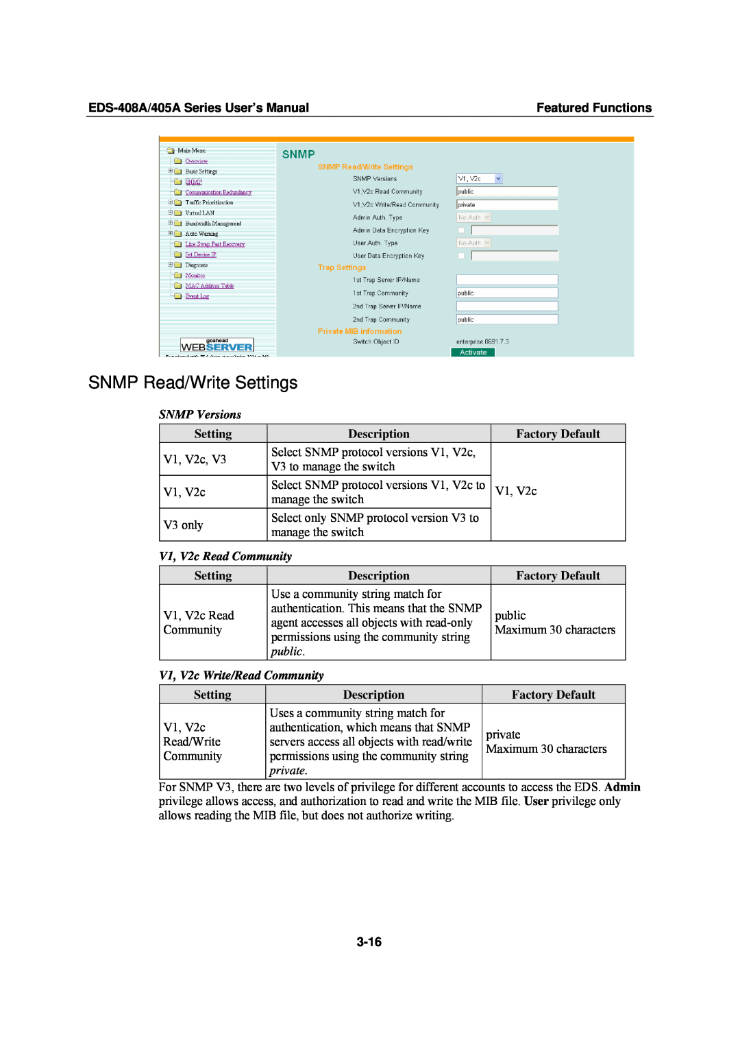 Moxa Technologies EDS-405A SNMP Read/Write Settings, SNMP Versions, V1, V2c Read Community, V1, V2c Write/Read Community 
