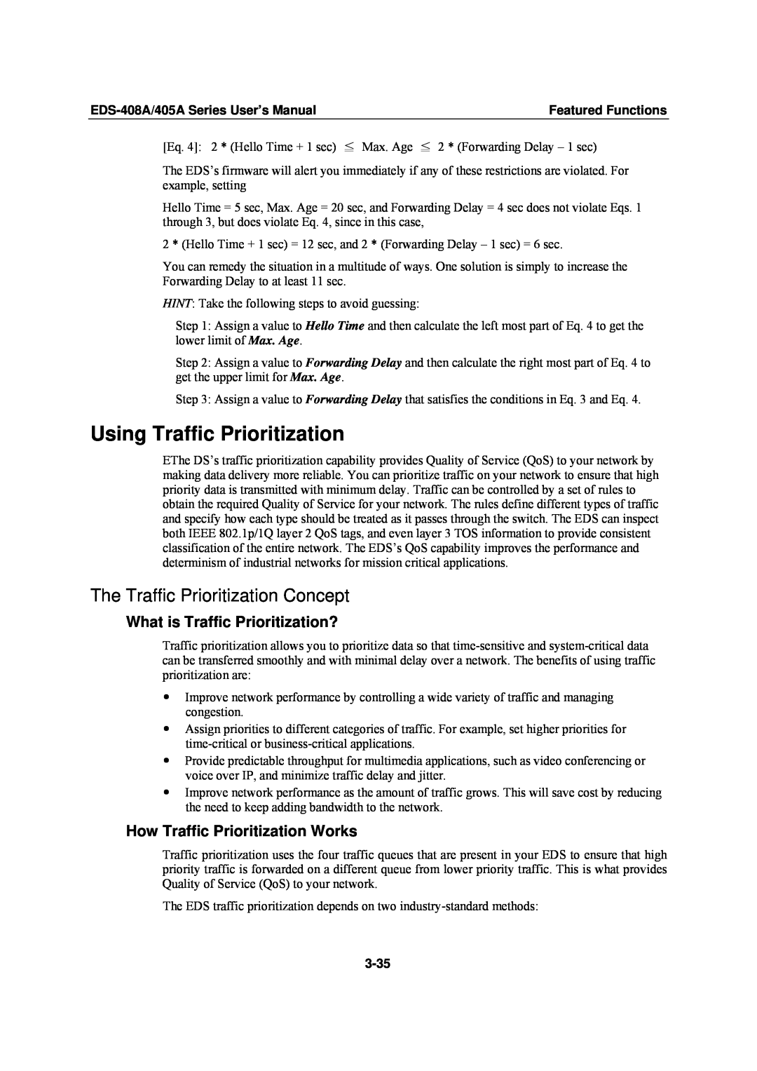 Moxa Technologies EDS-408A, EDS-405A user manual Using Traffic Prioritization, The Traffic Prioritization Concept, 3-35 