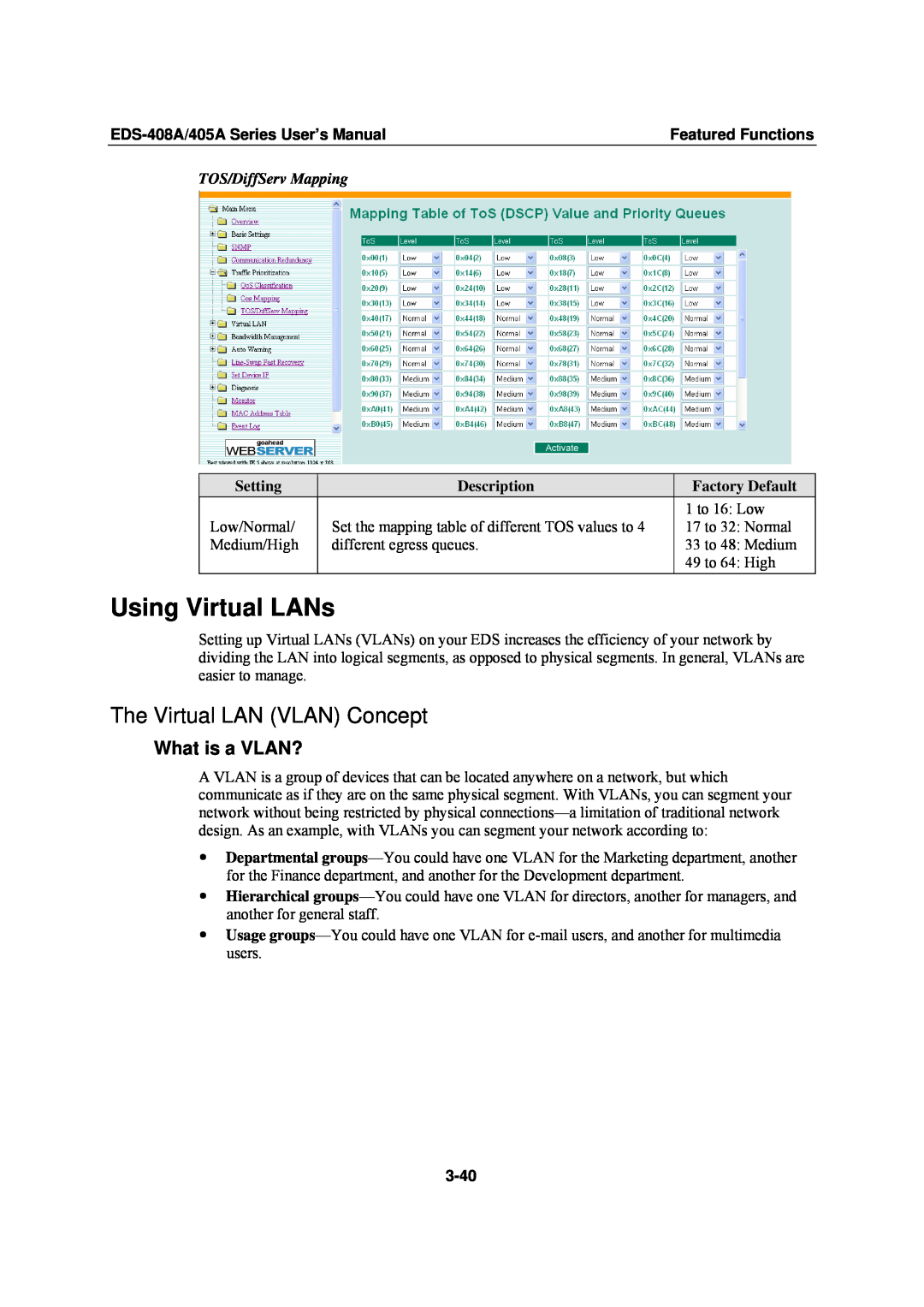 Moxa Technologies EDS-405A Using Virtual LANs, The Virtual LAN VLAN Concept, What is a VLAN?, TOS/DiffServ Mapping, 3-40 