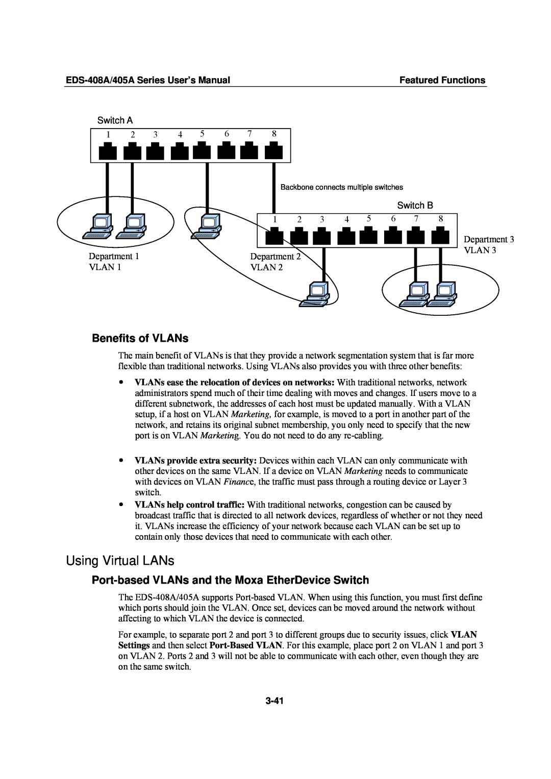 Moxa Technologies EDS-408A Using Virtual LANs, Benefits of VLANs, Port-based VLANs and the Moxa EtherDevice Switch, 3-41 