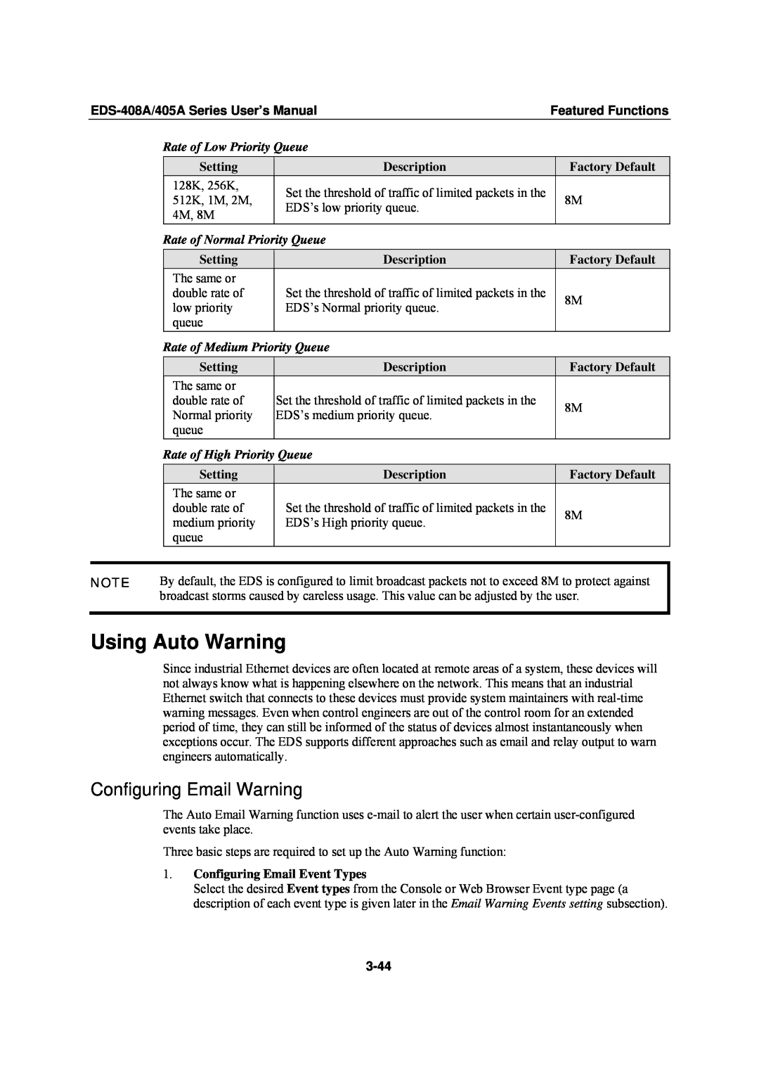 Moxa Technologies EDS-405A Using Auto Warning, Configuring Email Warning, Rate of Low Priority Queue, 3-44, Setting 