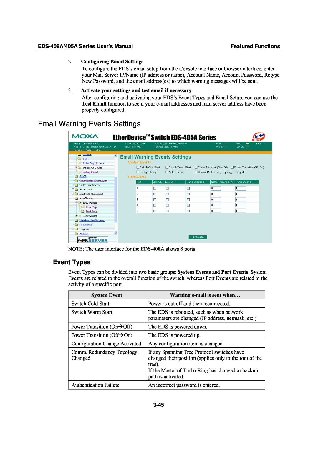 Moxa Technologies EDS-408A Email Warning Events Settings, Event Types, Configuring Email Settings, System Event, 3-45 
