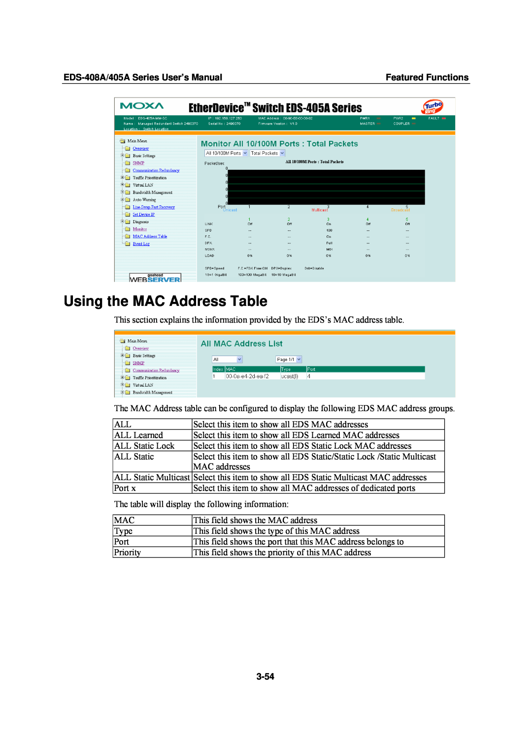 Moxa Technologies EDS-405A Using the MAC Address Table, 3-54, EDS-408A/405A Series User’s Manual, Featured Functions 