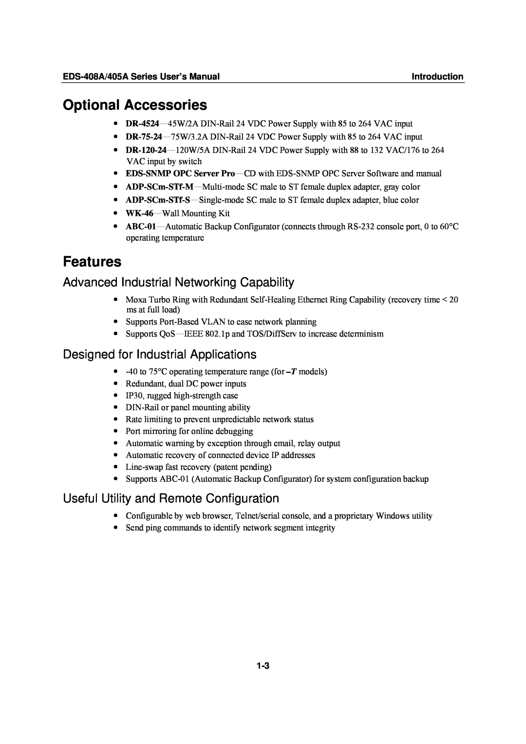 Moxa Technologies EDS-405A Optional Accessories, Features, Advanced Industrial Networking Capability, Introduction 