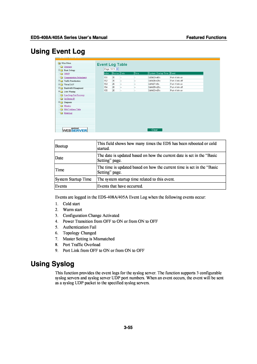 Moxa Technologies EDS-405A Using Event Log, Using Syslog, 3-55, EDS-408A/405A Series User’s Manual, Featured Functions 