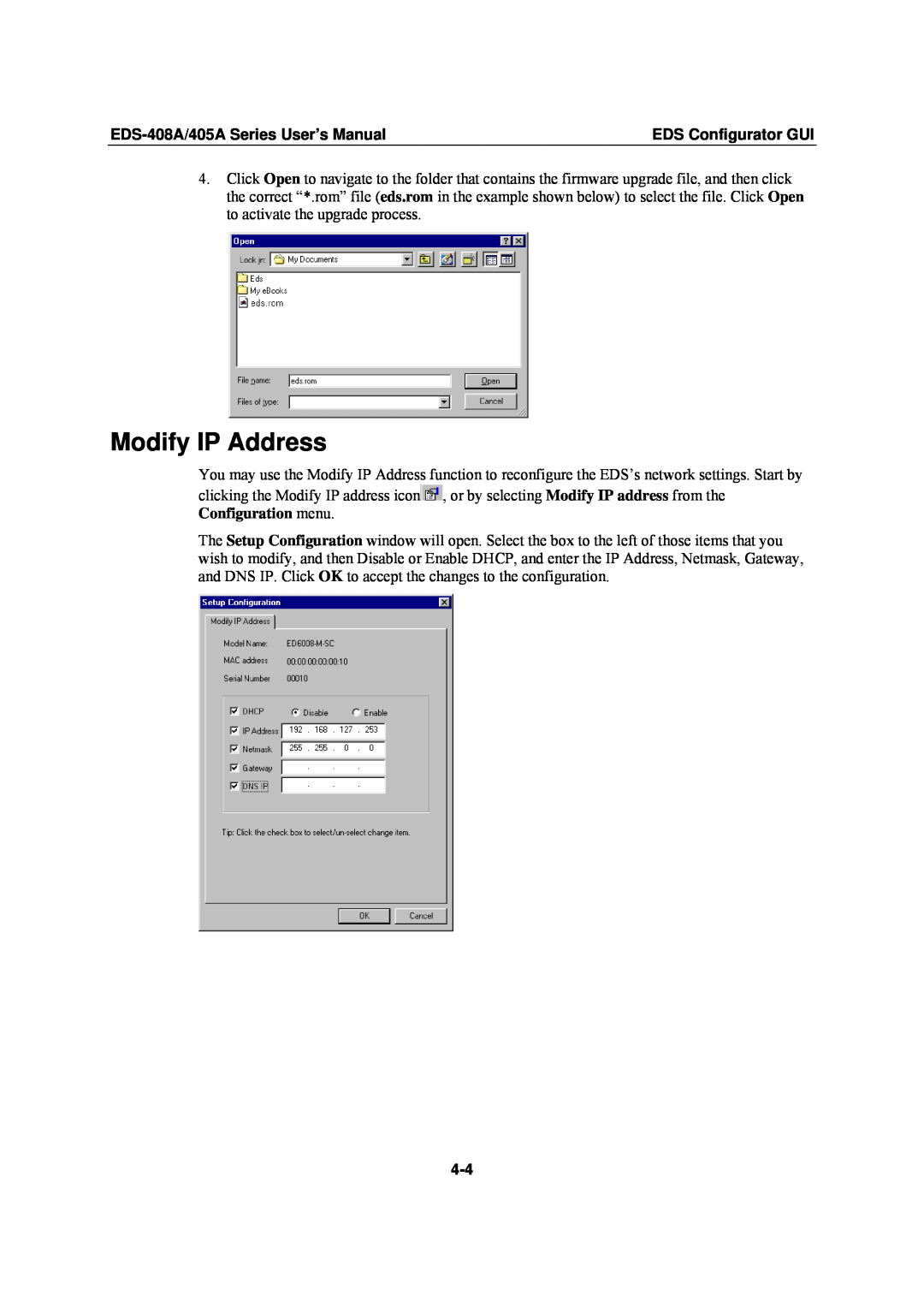 Moxa Technologies EDS-405A user manual Modify IP Address, EDS-408A/405A Series User’s Manual, EDS Configurator GUI 