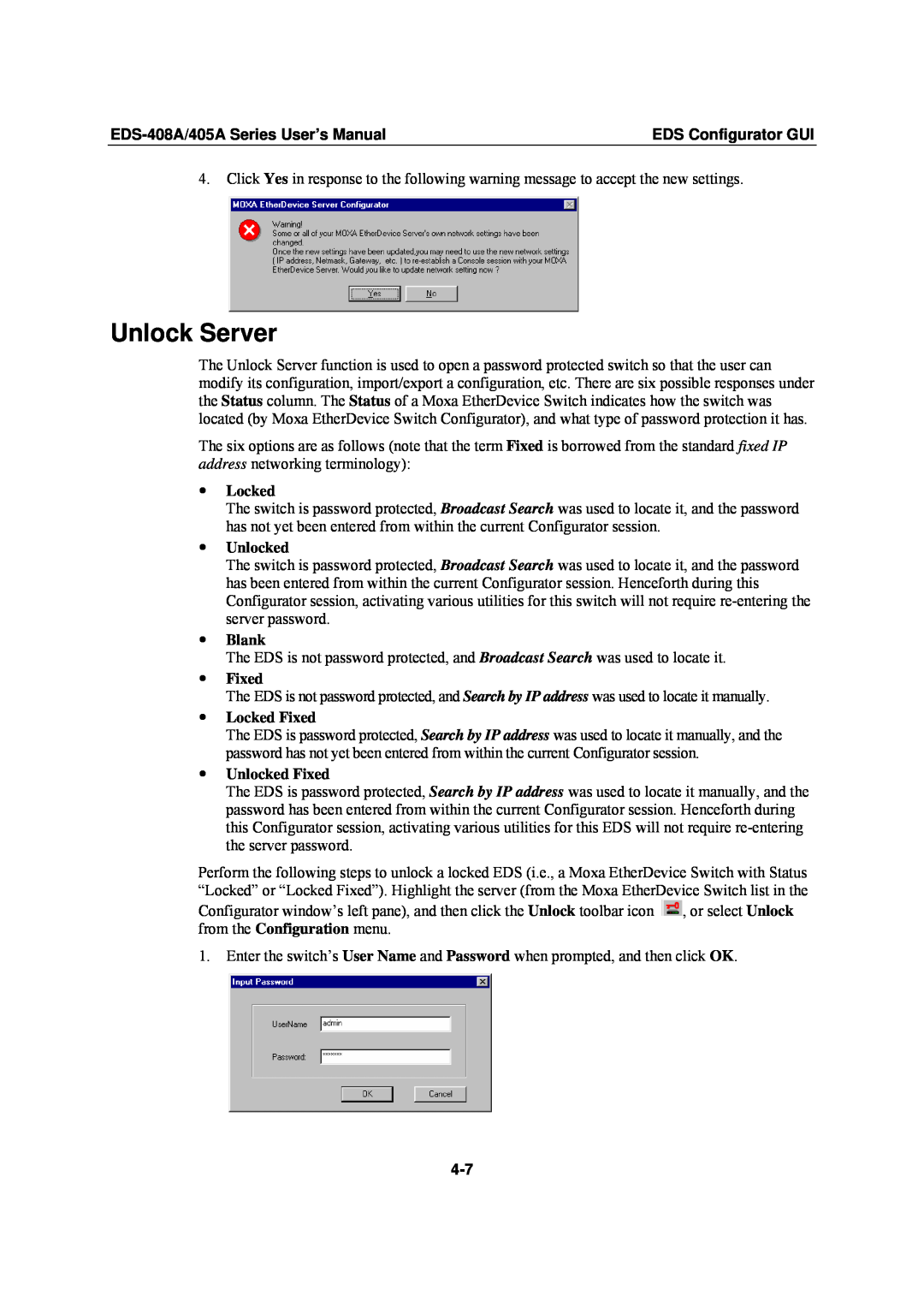 Moxa Technologies EDS-408A Unlock Server, y Blank, y Fixed, y Locked Fixed, y Unlocked Fixed, EDS Configurator GUI 
