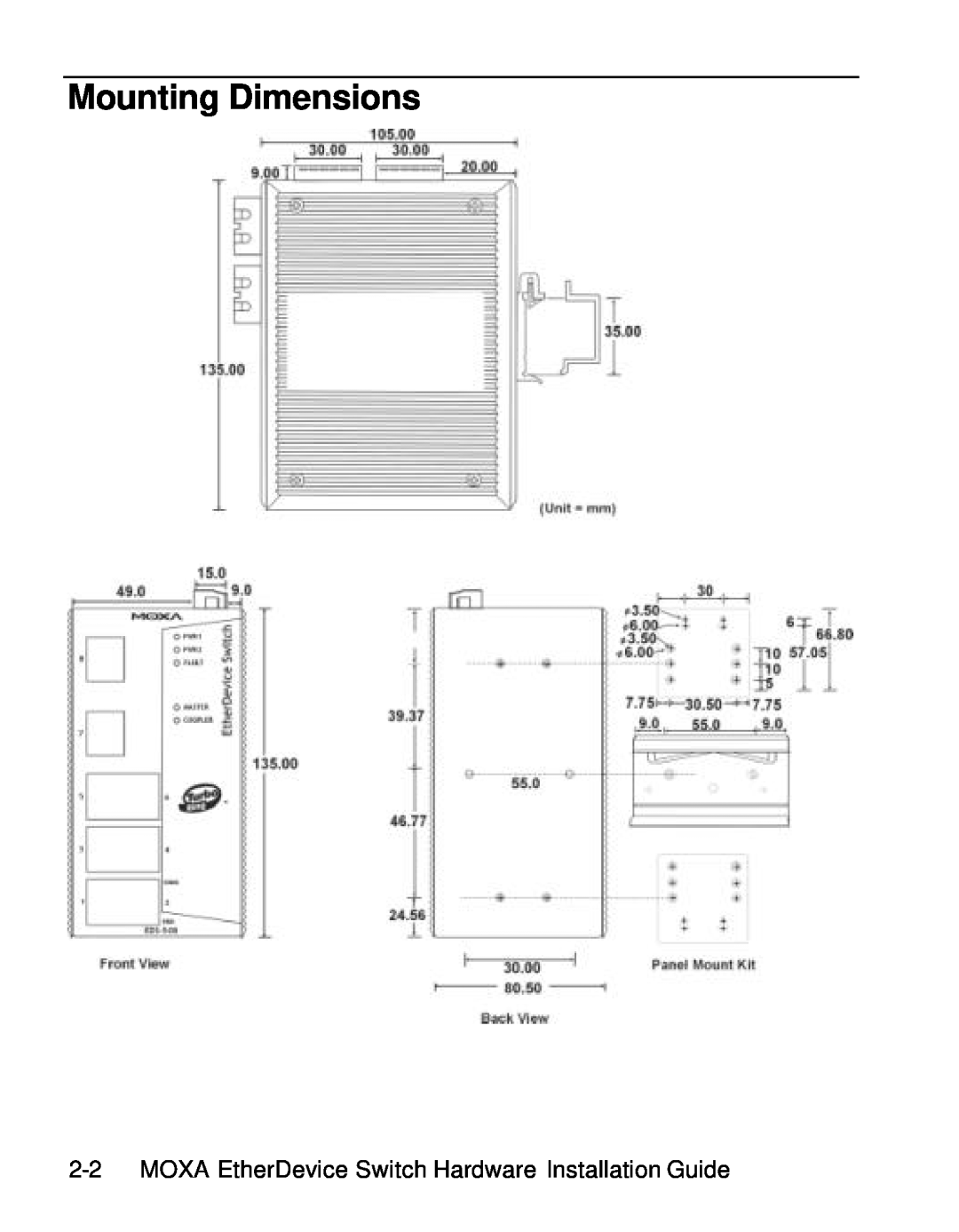 Moxa Technologies EDS-508 manual Mounting Dimensions, MOXA EtherDevice Switch Hardware Installation Guide 