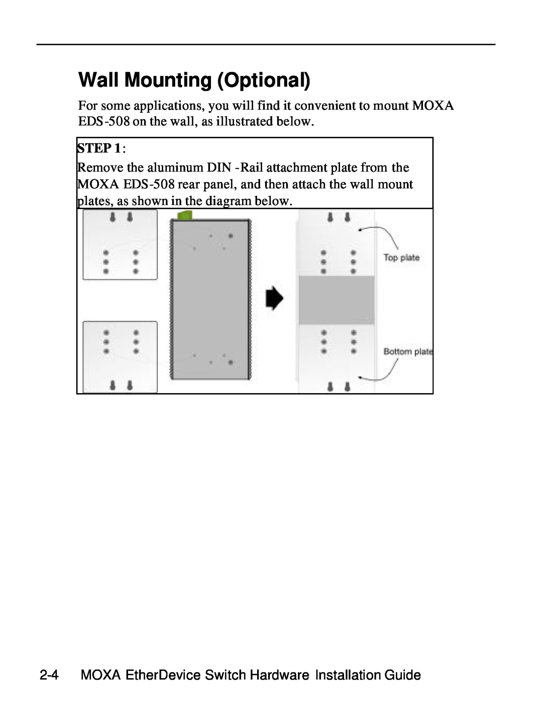 Moxa Technologies EDS-508 manual Wall Mounting Optional, MOXA EtherDevice Switch Hardware Installation Guide 