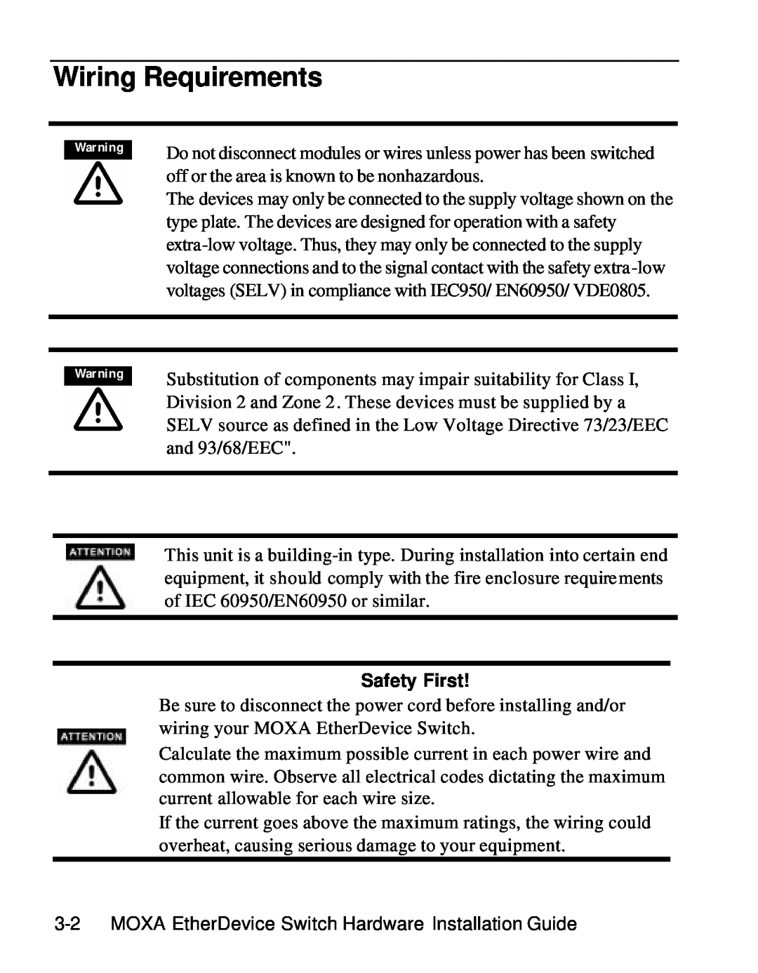 Moxa Technologies EDS-508 manual Wiring Requirements, Safety First 
