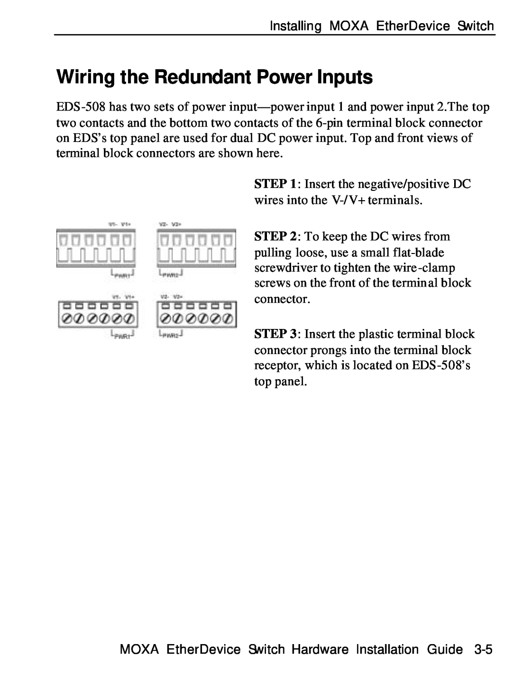 Moxa Technologies EDS-508 manual Wiring the Redundant Power Inputs 
