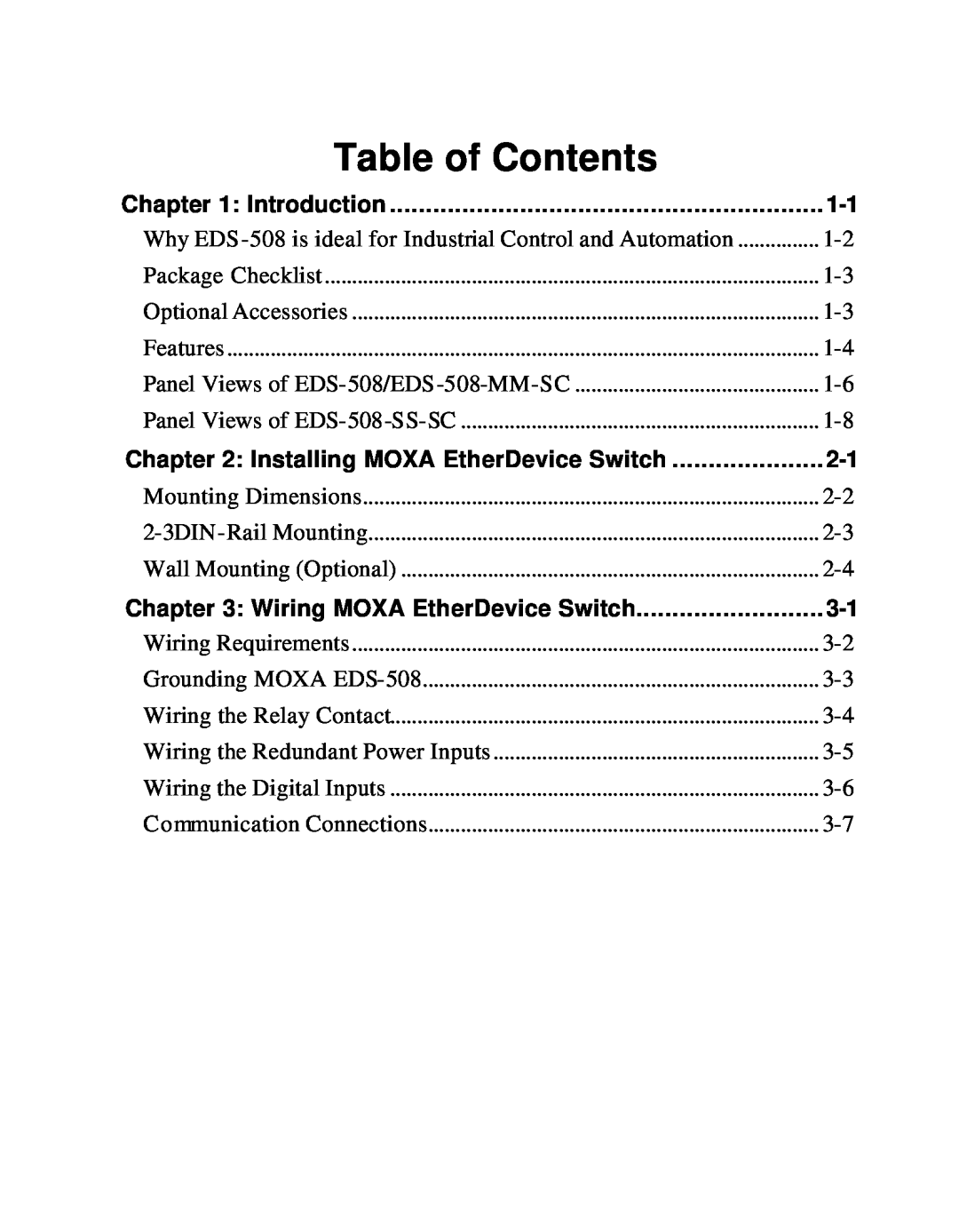 Moxa Technologies EDS-508 manual Table of Contents, Installing MOXA EtherDevice Switch, Wiring MOXA EtherDevice Switch 