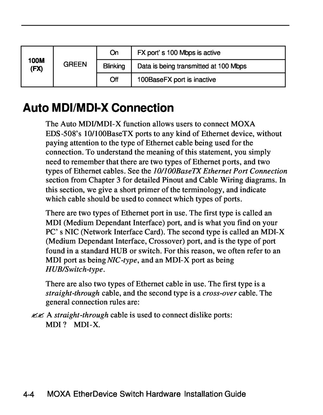 Moxa Technologies EDS-508 manual Auto MDI/MDI-X Connection 