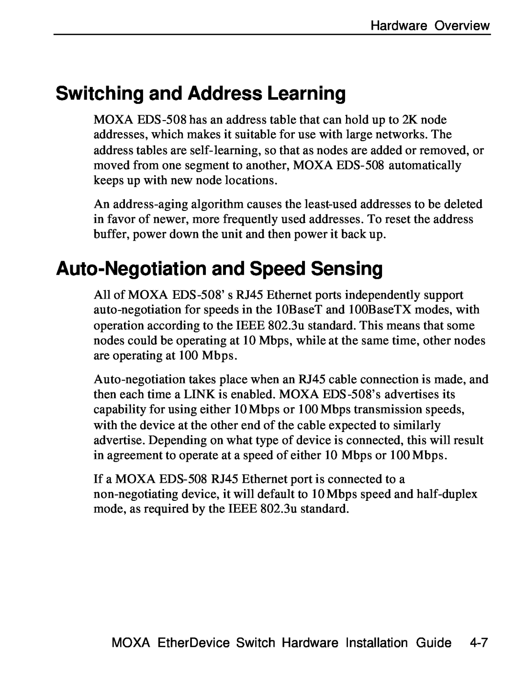 Moxa Technologies EDS-508 manual Switching and Address Learning, Auto-Negotiation and Speed Sensing 