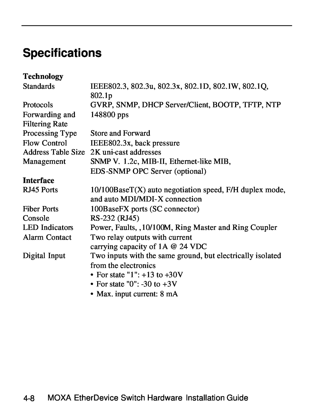 Moxa Technologies EDS-508 manual Specifications, Technology, Interface 