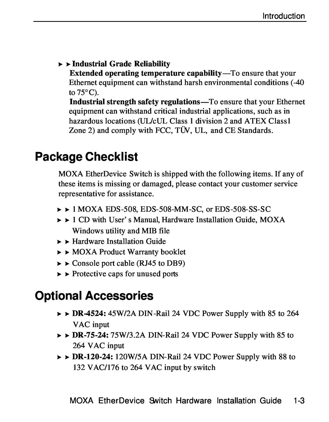 Moxa Technologies EDS-508 manual Package Checklist, Optional Accessories 