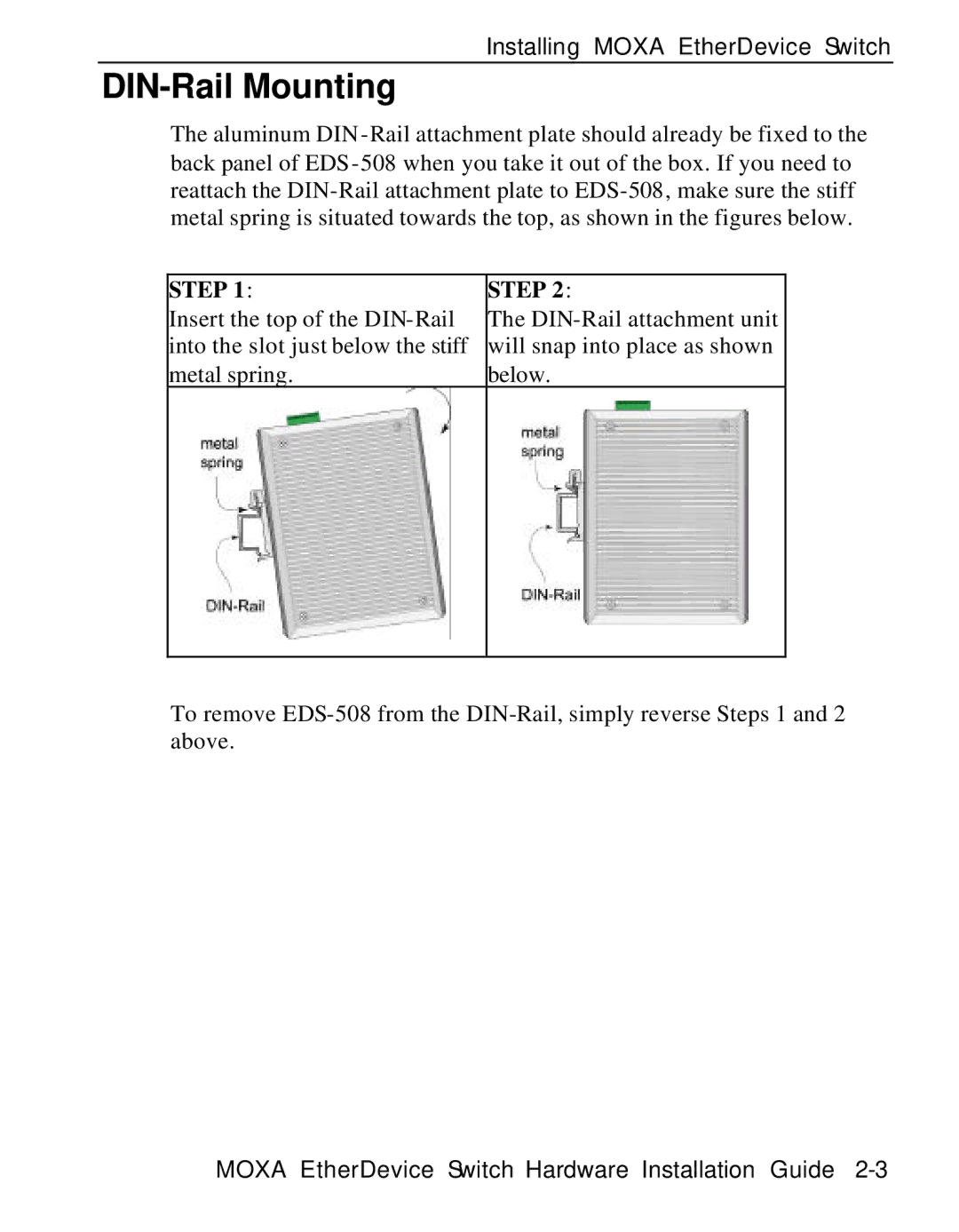 Moxa Technologies EDS-508 manual DIN-Rail Mounting 