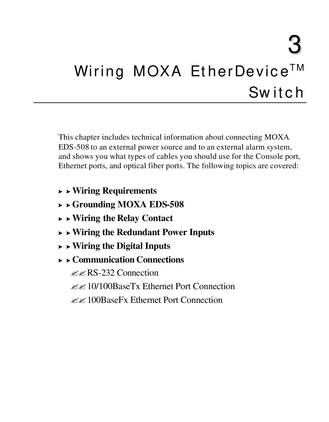 Moxa Technologies EDS-508 manual Wiring Moxa EtherDeviceTM Switch 