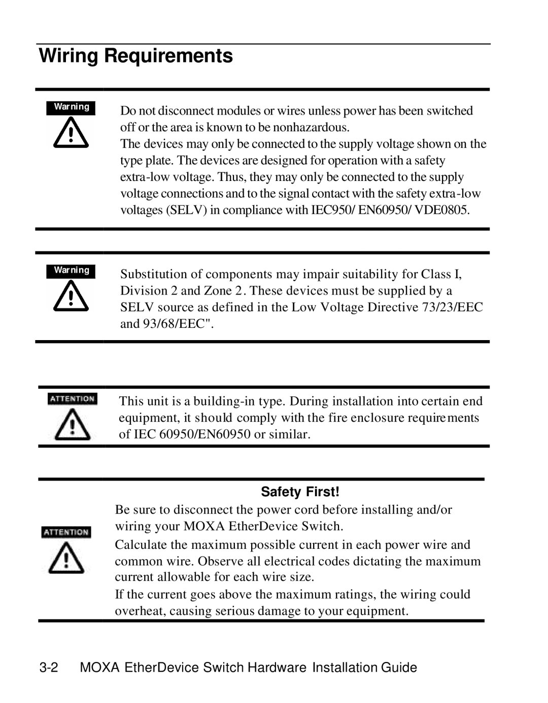 Moxa Technologies EDS-508 manual Wiring Requirements, Safety First 