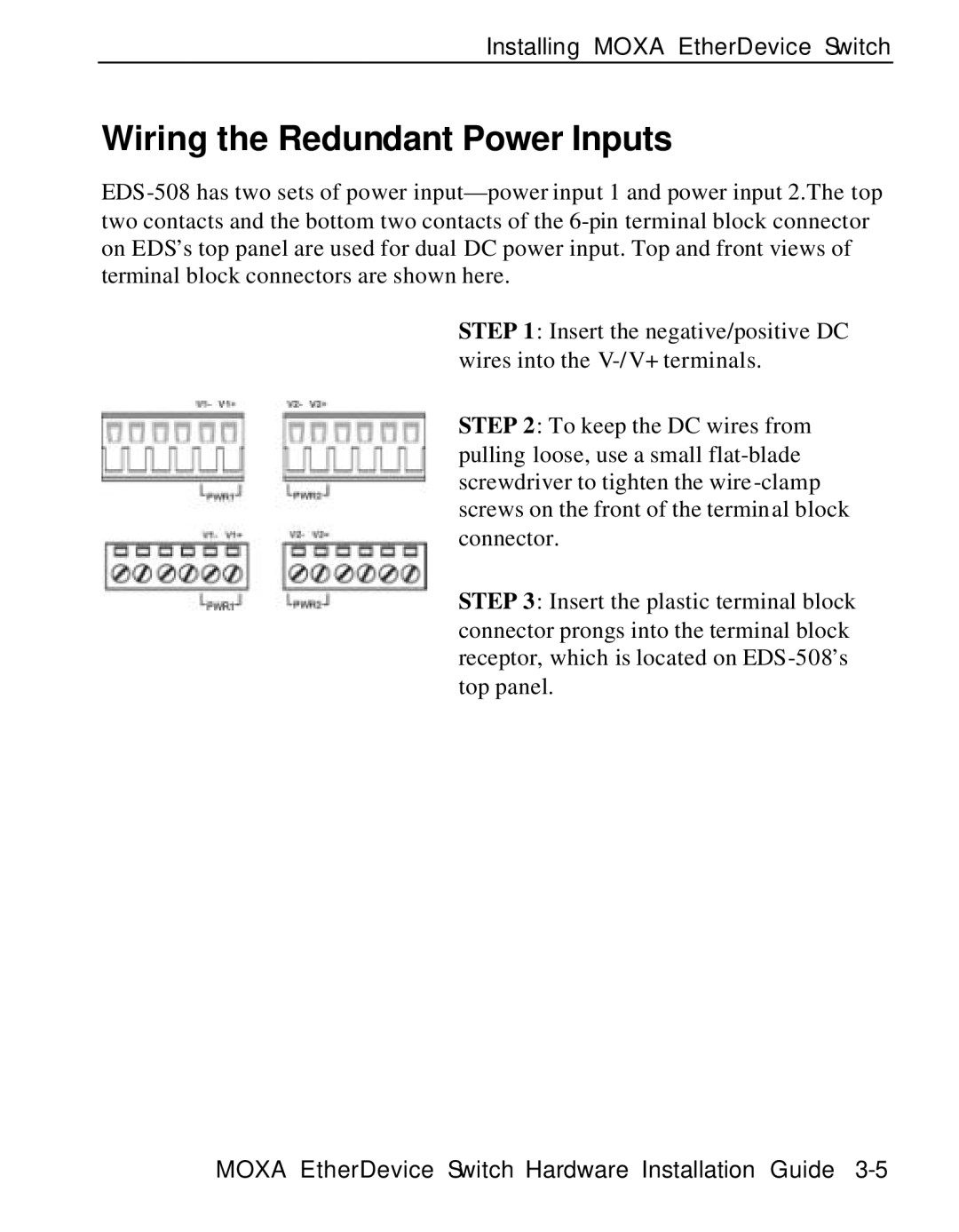 Moxa Technologies EDS-508 manual Wiring the Redundant Power Inputs 