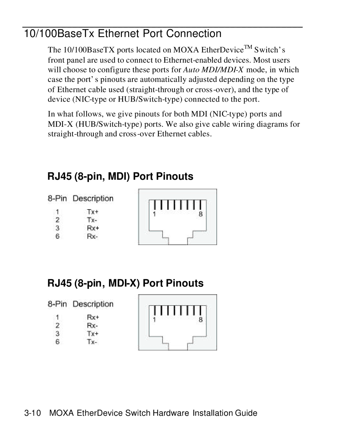 Moxa Technologies EDS-508 manual 10/100BaseTx Ethernet Port Connection 