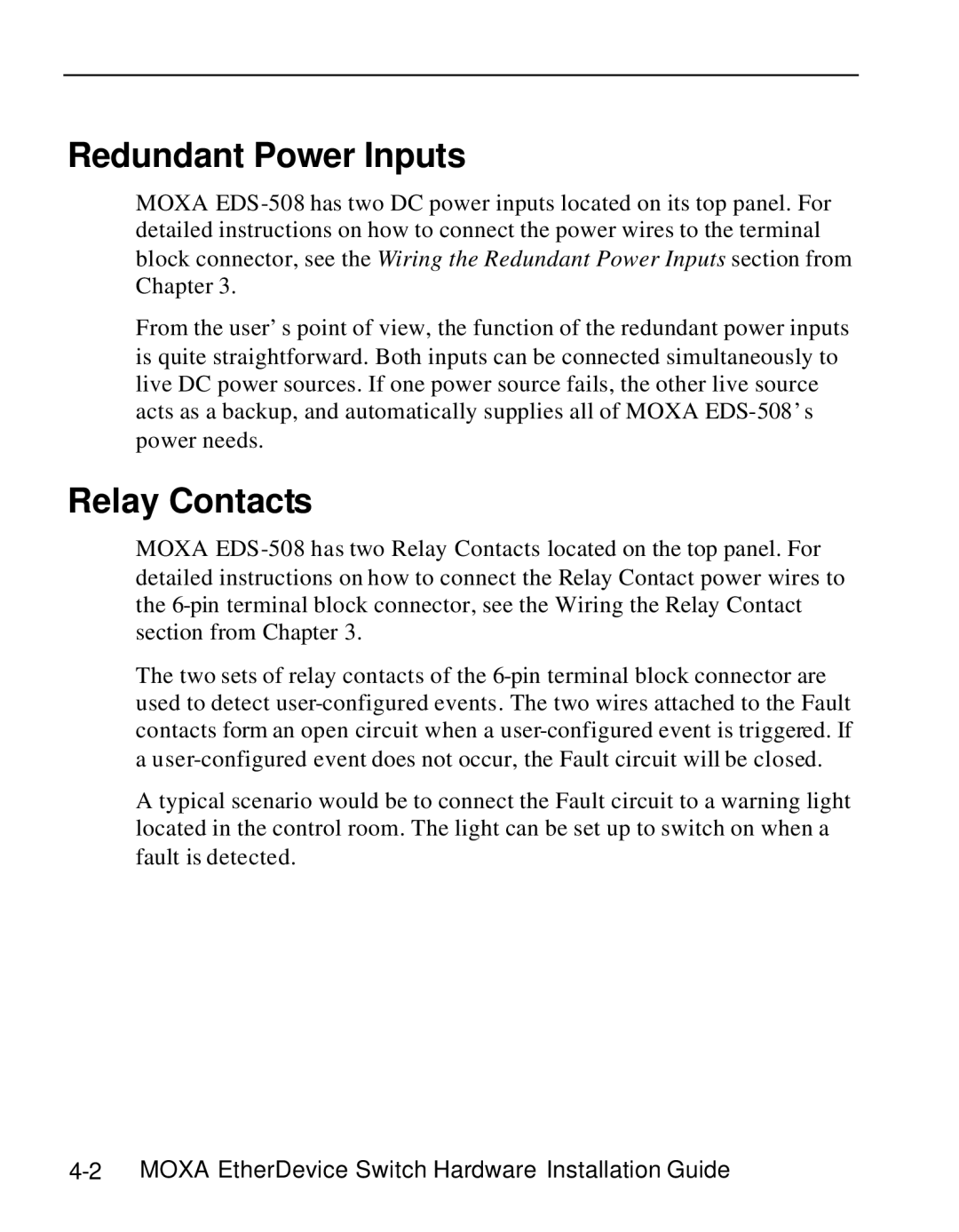 Moxa Technologies EDS-508 manual Redundant Power Inputs, Relay Contacts 