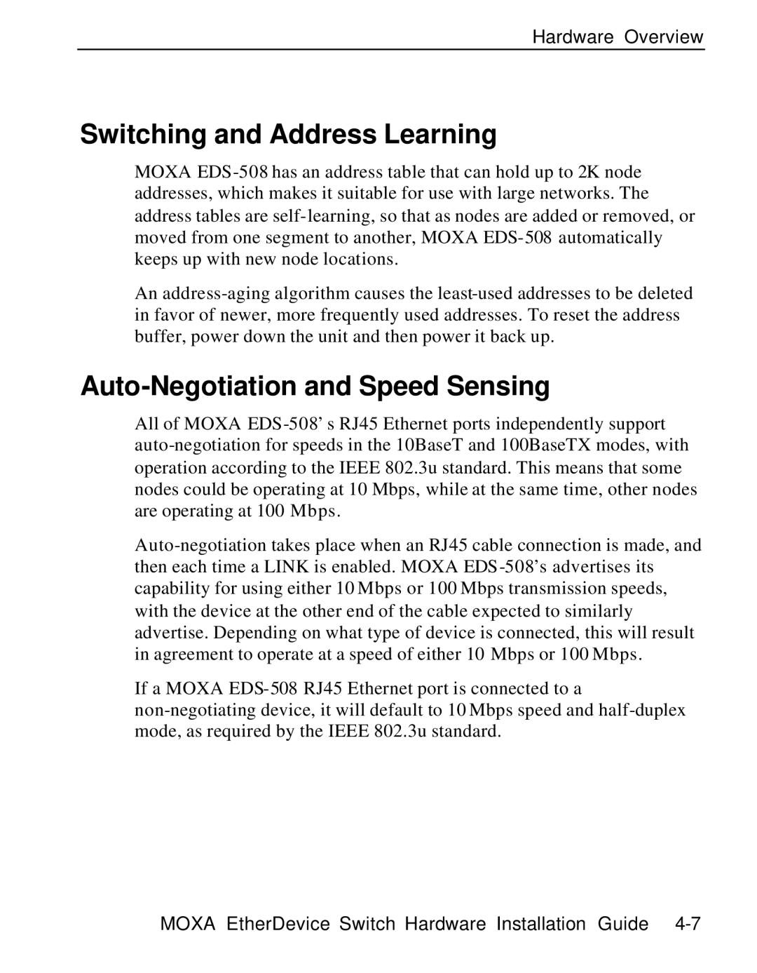 Moxa Technologies EDS-508 manual Switching and Address Learning, Auto-Negotiation and Speed Sensing 