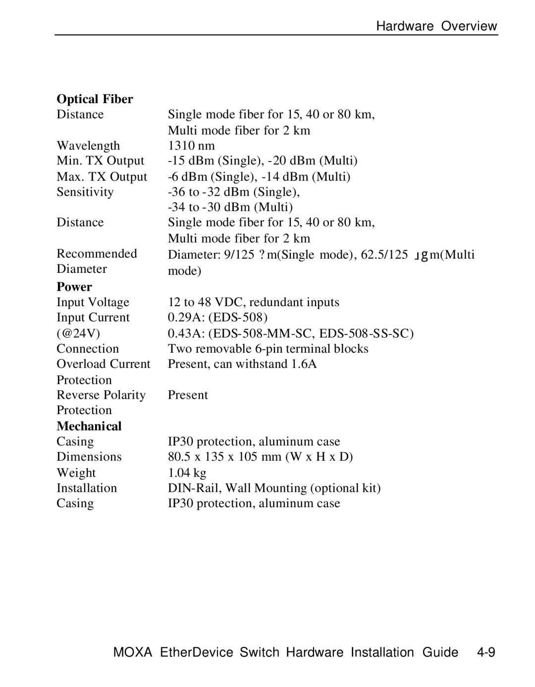 Moxa Technologies EDS-508 manual Optical Fiber 