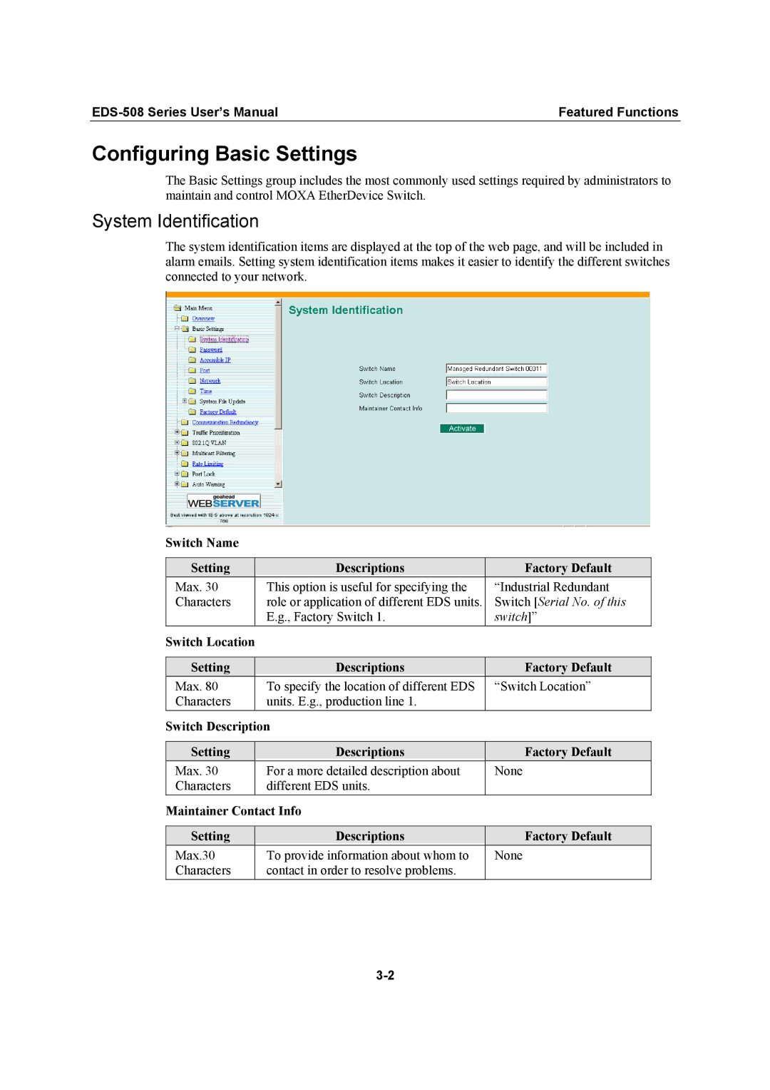 Moxa Technologies EDS-508 user manual Configuring Basic Settings, System Identification 